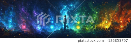 Spirit animal surrounded by glowing chakra stones, whimsical illustration, bird's-eye view, mystical twilight setting, deep blues and vibrant greens creating a magical environment 126855797