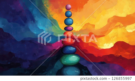 Abstract representation of chakras with vibrant stone textures, modern graphic design, bold composition with dynamic angles, energetic midday vibe, bright colors clashing and blending harmoniously 126855997