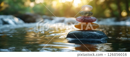 Elegant crystal chakra stones set against a backdrop of flowing water, wide shot capturing reflections, ultra-clear 8K, peaceful early evening vibe, soft light through trees creating dappled shadows 126856016