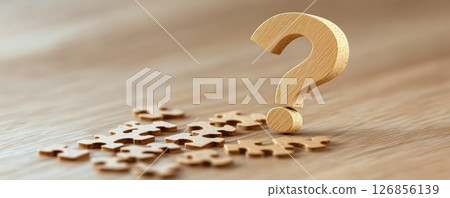 Puzzle Pieces Forming a Question Mark on Wooden Surface 126856139