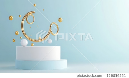 Pastel Toned Pedestal with Floating Golden Rings in Minimal Abstract Composition 126856231