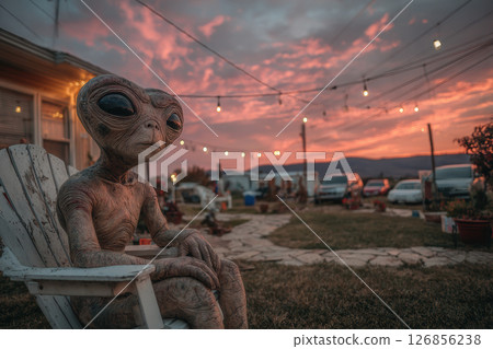Alien invader sits in lawn chair at sunset with string lights and vintage trailers 126856238