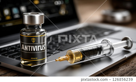 Antivirus vial and syringe on laptop keyboard representing digital security concept 126856239
