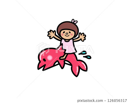 Cute summer girl riding a pink dolphin Cute summer girl riding a pink dolphin 126856317