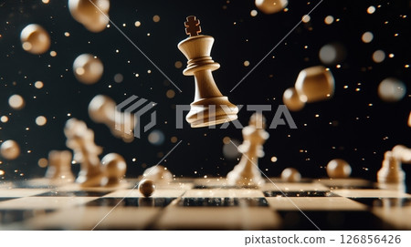 Glowing Golden Chess Piece Floating in Magical Darkness with Sparkling Particles 126856426