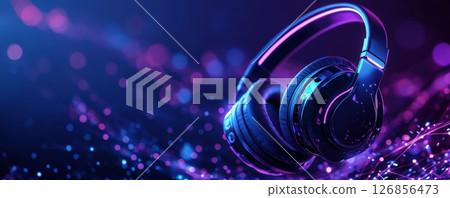 Vibrant Neon Headphones on Dark Background with Glowing Lights Vibrant Neon Headphones on Dark Background with Glowing Lights 126856473