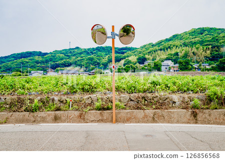 A curved mirror on a country road and a rural mountain landscape with fresh greenery A curved mirror on a country road and a rural mountain landscape with fresh greenery 126856568