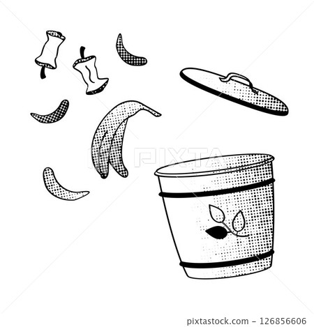 compost bin and food scraps, black and white line art for eco-friendly living compost bin and food scraps, black and white line art for eco-friendly living 126856606