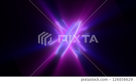 Crossed beams of neon light in purple and blue on a dark background, forming a futuristic starburst 126856629