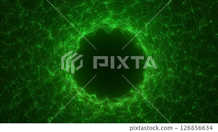 Vibrant green energy tunnel composed of pixelated digital waves forming a hollow circular space 126856634
