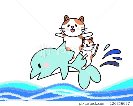 A calico cat and her kitten riding a light blue dolphin in the ocean 126856657