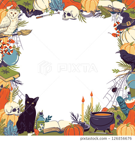 Frame with magic goods, Halloween decoration. Template with witchcraft and witchcraft goods, cauldron, grimoire, potion, elixir, skull, magic ball, cat, snake, owl, toad, spider. Vector. 126856676