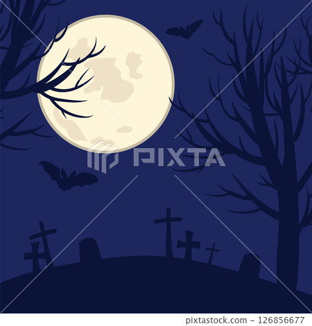 Gothic cemetery scene. Night landscape with tombstones and crosses on the moon background. Vector illustration for Halloween invitation design 126856677