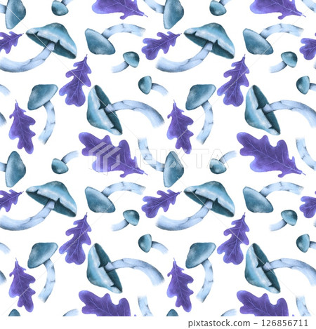 Seamless pattern with autumn leaves and mushrooms, perfect for seasonal textiles, wallpaper, wrapping paper, greeting cards, and home decor. 126856711