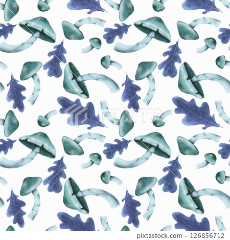 Seamless pattern with autumn leaves and mushrooms, perfect for seasonal textiles, wallpaper, wrapping paper, greeting cards, and home decor. 126856712