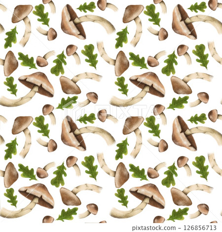 Seamless pattern with autumn leaves and mushrooms, perfect for seasonal textiles, wallpaper, wrapping paper, greeting cards, and home decor. 126856713