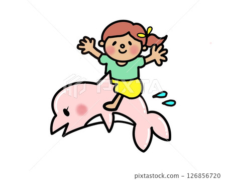 一個綁著馬尾辮的女孩騎著一隻粉紅色的幼海豚，高舉雙臂 126856720