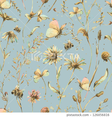 Elegant seamless blue pattern of hand-painted meadow flowers and herbs in soft watercolor tones. Ideal for packaging, wallpapers, fabric design, and gentle romantic spring or summer themes. Elegant seamless blue pattern of hand-painted meadow flowers and herbs in soft watercolor tones. Ideal for packaging, wallpapers, fabric design, and gentle romantic spring or summer themes. 126856816