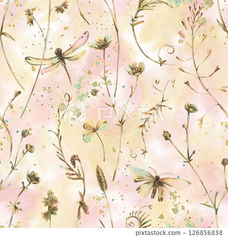 Seamless botanical pattern with wild herbs, dragonflies, and butterflies. Soft watercolor style washes, perfect for eco-designs, wrapping paper, wallpapers, and fabric with a natural countryside feel. Seamless botanical pattern with wild herbs, dragonflies, and butterflies. Soft watercolor style washes, perfect for eco-designs, wrapping paper, wallpapers, and fabric with a natural countryside feel. 126856838
