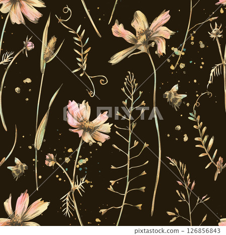 Seamless floral pattern dark with delicate wildflowers and butterflies in vintage watercolor style. Hand-painted botanical design ideal for textile, packaging, wallpaper, and spring-themed decoration. Seamless floral pattern dark with delicate wildflowers and butterflies in vintage watercolor style. Hand-painted botanical design ideal for textile, packaging, wallpaper, and spring-themed decoration. 126856843