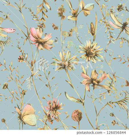 Hand-painted seamless floral pattern with wild herbs, butterflies, and dragonflies on blue background. Watercolor design ideal for textile, wrapping paper, vintage decor, and spring compositions. Hand-painted seamless floral pattern with wild herbs, butterflies, and dragonflies on blue background. Watercolor design ideal for textile, wrapping paper, vintage decor, and spring compositions. 126856844