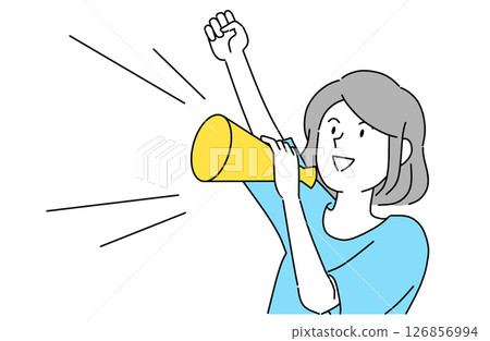 Smiling young woman holding a megaphone cheering for someone 126856994