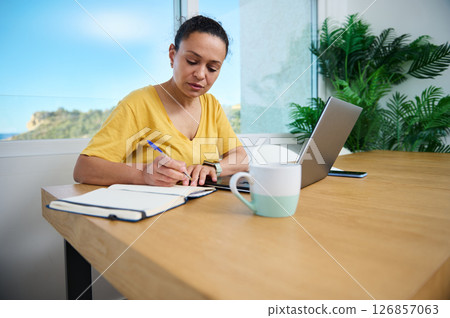 Freelancer Working in a Bright Home Office with Laptop and Coffee 126857063