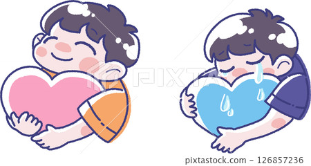 Illustration of a happy boy holding a heart and a crying boy Illustration of a happy boy holding a heart and a crying boy 126857236