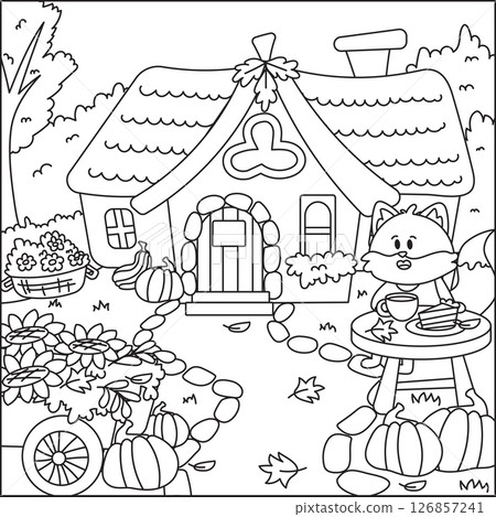 Autumn coloring page with cozy cottage and cute fox drinking tea 126857241