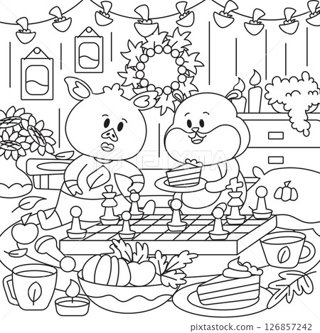 Cozy coloring page with cute pig and hamster playing chess inside cottage 126857242
