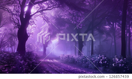 Fantastic purple forest path and blooming landscape 126857439