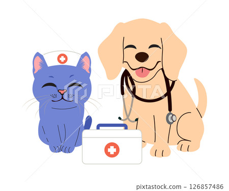 Pet Nurse Cat & Dog Veterinary Mascots Cartoon Vector Illustration Pet Nurse Cat & Dog Veterinary Mascots Cartoon Vector Illustration 126857486