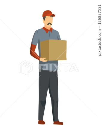 Moving house service. Mover or delivery worker carrying boxes and furniture. Moving house, people packing things. Supplies logistic transportation. Cartoon vector illustration 126857551