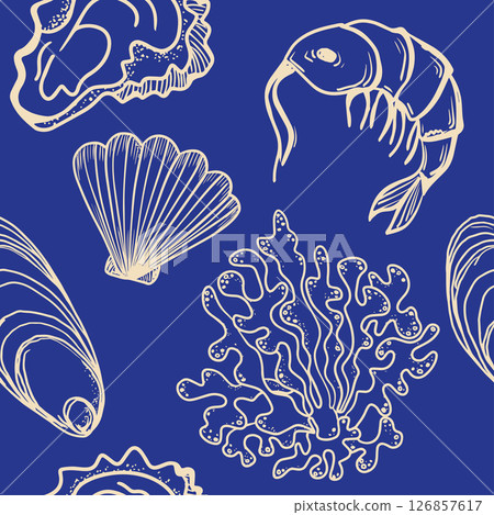 La dolce vita themed seamless pattern with Seafood. The Scallop, Shrimp, Coral, Oyster with hand drawn contour on blue background. Monochrome vector inspired by Summer Italian aesthetic. La dolce vita themed seamless pattern with Seafood. The Scallop, Shrimp, Coral, Oyster with hand drawn contour on blue background. Monochrome vector inspired by Summer Italian aesthetic. 126857617
