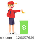 Cute Boy Throwing Trash in Recycling Bin 126857689