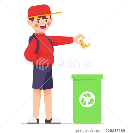Cute Boy Throwing Trash in Recycling Bin Cute Boy Throwing Trash in Recycling Bin 126857689