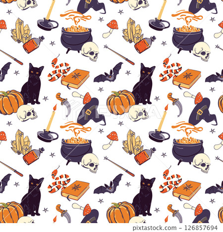 Seamless pattern with magic items, witchcraft goods, cauldron, potion, skull, magic knife and candlestick, pumpkin. Sorcerer's familiars black cat, snake, bat. Vector illustration for Halloween. 126857694