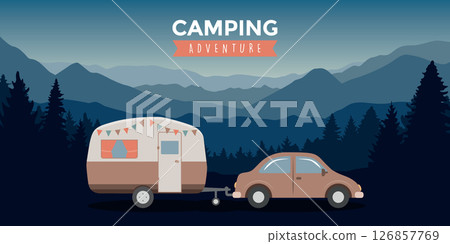 camping adventure car with caravan in nature landscape vector illustration 126857769