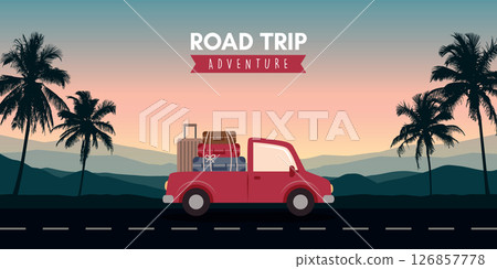 road trip adventure in the wilderness car on tropical landscape vector illustration 126857778