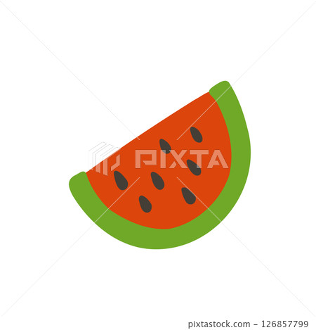 Colorful vector illustration of a watermelon slice, perfect for summer themes, food design, and healthy lifestyle promotions. Bold colors and minimalistic style ideal for print and web. 126857799