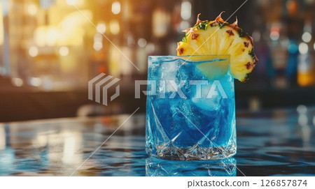 Sparkling blue Lagoon cocktail garnished with fresh pineapple slice sits on reflective bar counter with blurred bottles and warm lights in background. Ideal for summer or nightlife 126857874