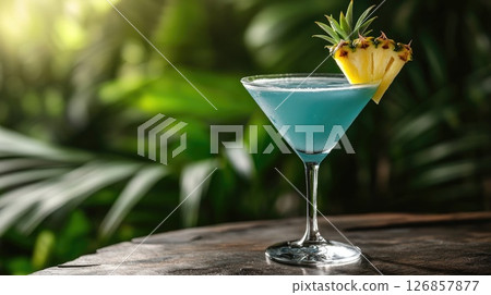 Tropical blue cocktail, garnished with fresh pineapple slice sits on table with blurred lush green jungle background. Ideal for exotic vacation or refreshing drink themes 126857877