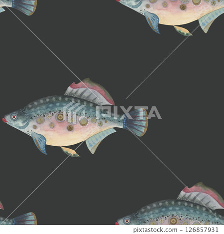 Fantasy watercolor fish seamless pattern. Whimsical hand-painted illustration with decorative textures and magical colors. Ideal for ocean-themed textiles, gift wrap, and souvenirs decor Fantasy watercolor fish seamless pattern. Whimsical hand-painted illustration with decorative textures and magical colors. Ideal for ocean-themed textiles, gift wrap, and souvenirs decor 126857931