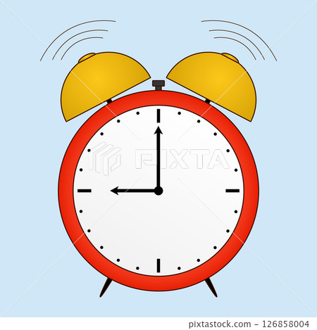 Illustration of a yellow ringing of red alarm clock with white ring mechanical dial showing 9 o clock - symbolizing school start time - on a light blue background. Ideal for back to school theme. Illustration of a yellow ringing of red alarm clock with white ring mechanical dial showing 9 o clock - symbolizing school start time - on a light blue background. Ideal for back to school theme. 126858004