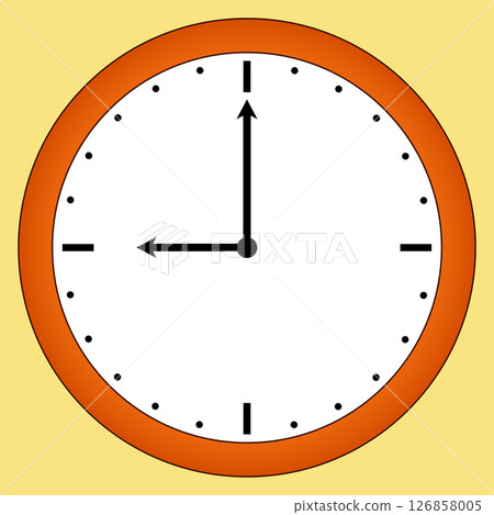Illustration of round orange wall clock with white ring mechanical dial showing 9 oclock - symbolizing school start time. For back to school theme, education visuals, and time management concept. 126858005