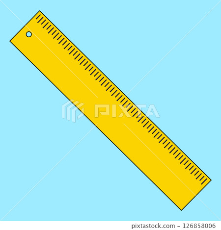 Illustration yellow school classic ruler on blue background. Flat cartoon educational tool for measuring and drawing. For back to school theme, education visual, educational concept, classroom decor. 126858006