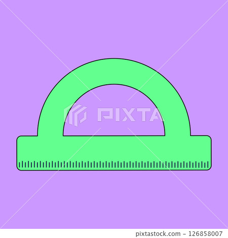 Green school classic protractor ruler on purple background. Flat cartoon educational tool for measuring and drawing. For back to school theme, education visual, educational concept, classroom decor. Green school classic protractor ruler on purple background. Flat cartoon educational tool for measuring and drawing. For back to school theme, education visual, educational concept, classroom decor. 126858007