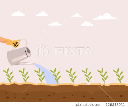 Watering Grass Gardening Cartoon Vector Illustration 126858011