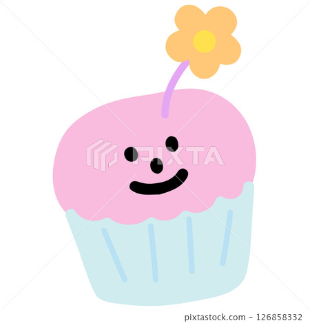 Illustration of cupcake with flower for patches, plush toy, sweet dessert, birthday card, food, cafe, restaurant, menu, recipe, baking book, print, bakery, pastry, birthday cake, celebration, party 126858332