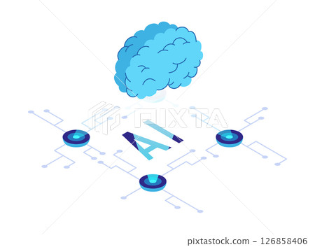 Isometric artificial intelligence icon. Digital robots technology. Ai technology web banner element. Deep learning machine, digital concept. Isolated vector illustration 126858406